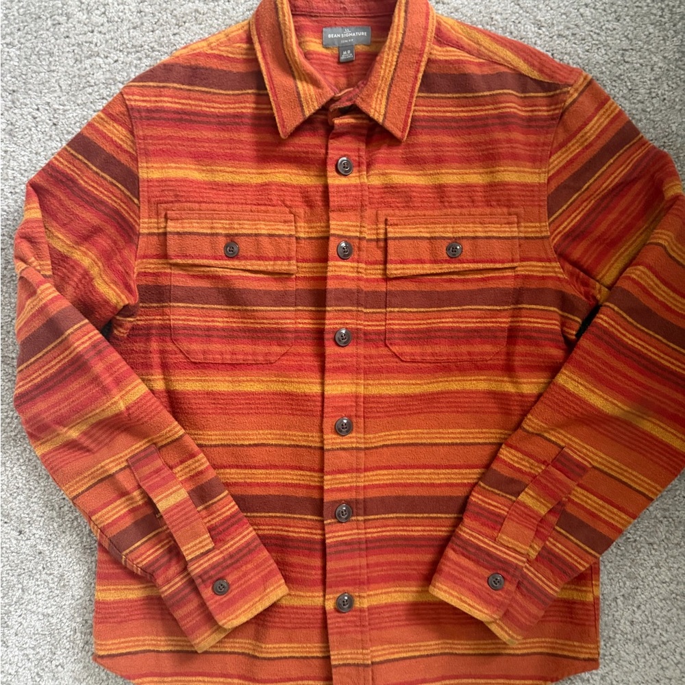 L.L. Bean Orange, Red and Yellow Striped Flannel Button-Down Shirt